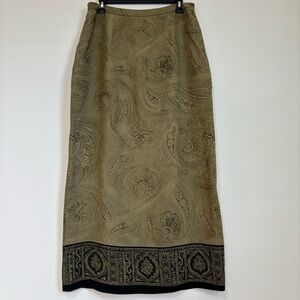 Vintage Jones New York Silk Olive Green Paisley Split Back Max Straight Skirt 12